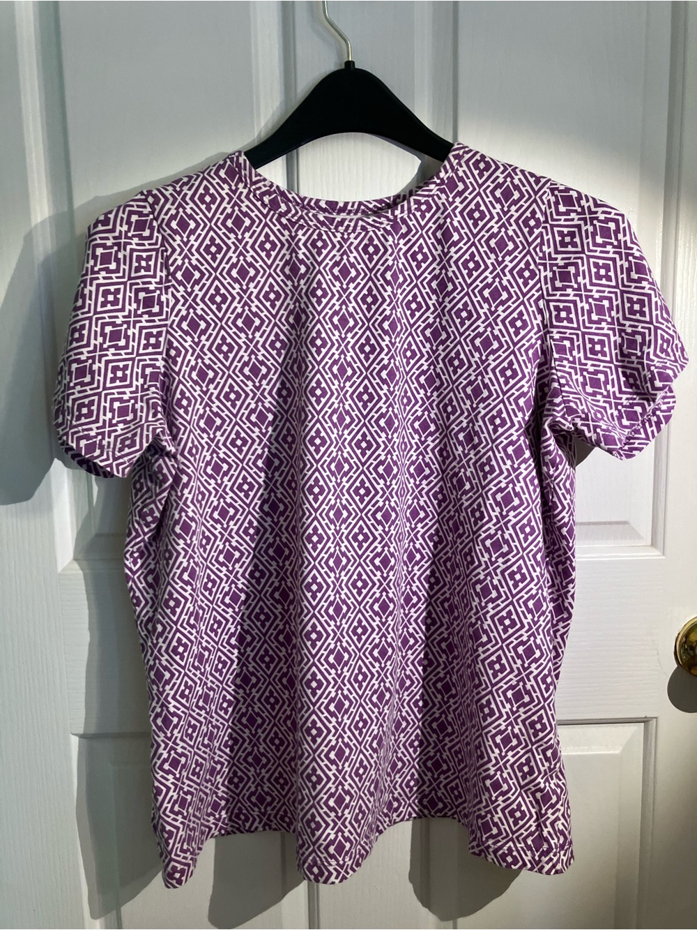 Woman Within Purple & White Geometric Short Sleeve Top